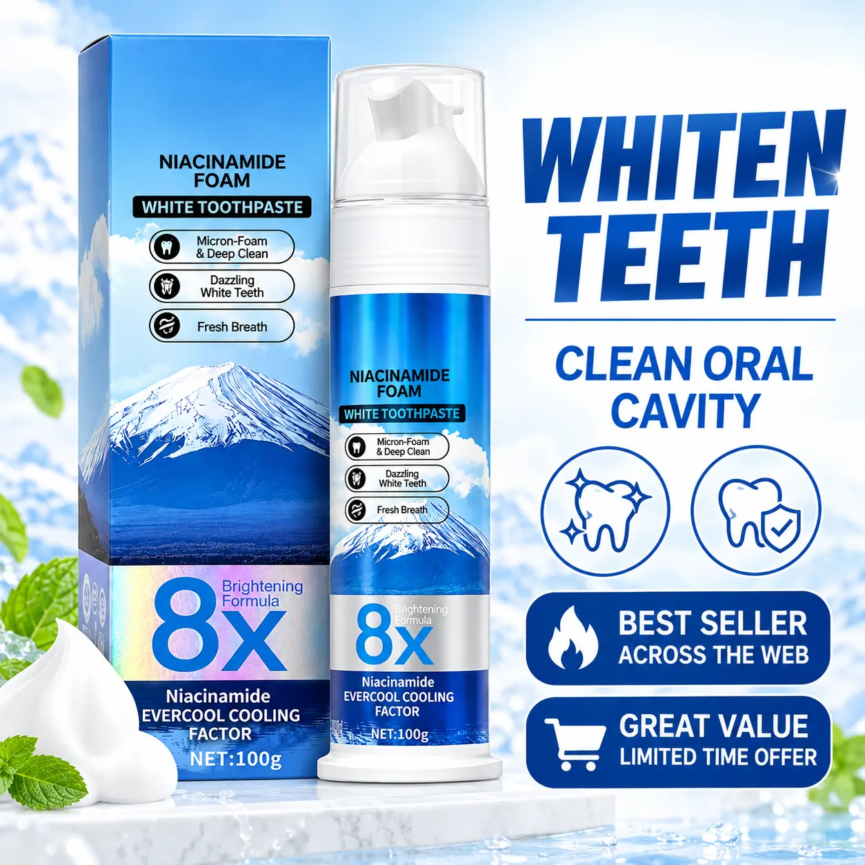 8X Niacinamide Foam White Toothpaste with Evercool Cooling Factor Himalayan Salt Bamboo Charcoal Extract 100ml Soothing