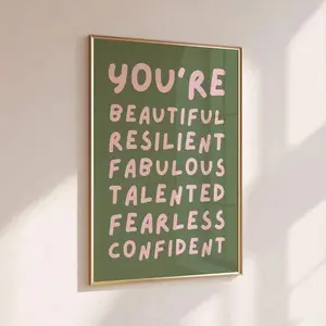 1pc Unframed You Are Beautiful Affirmation Wall Art Poster Canvas Print Green Pink Minimalist Uplifting Motivational Aesthetic Decor Funky Painting For Dorm,Apartment,Bedroom,Modern Home Decoration Artistic