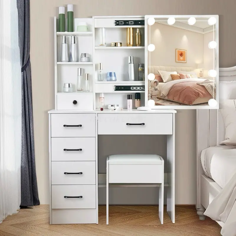 10 LED Lights With Large 3 Colors Mirror Makeup Dresser Desk Vanity Drawer Table