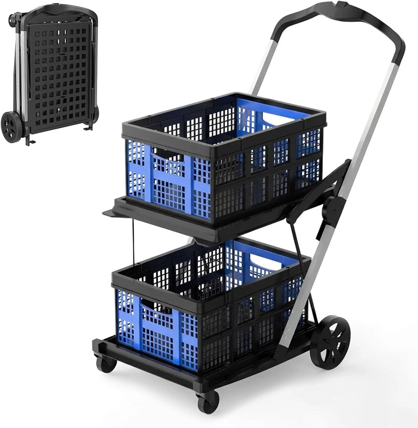 Collapsible Shopping Cart with Wheels,2 Tier Multi Use Foldable Shopping Cart with 2 Storage Crates,Folding Shopping Trolley Utility Cart for Office,Groceries, Warehouse,Supermarket,Picnic (Blue)