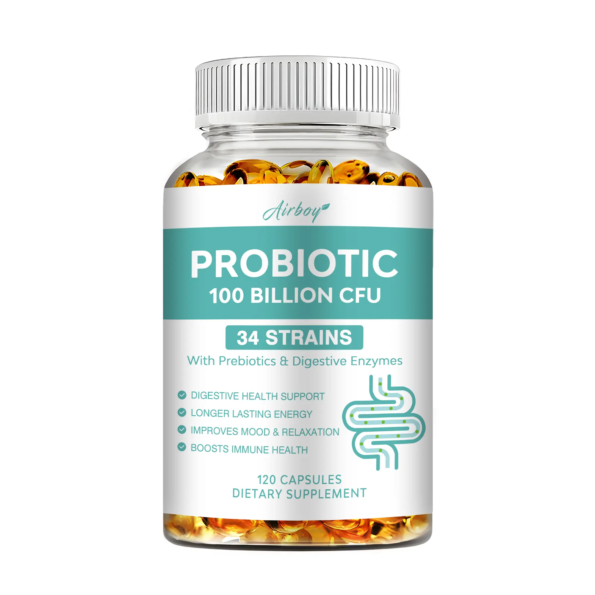 Airboy Probiotic Enzyme Capsules 100 Billion CFU 34 Strains with Prebiotics & Digestive Enzymes for Intestinal Flora Support Digestive Health Longer Lasting Energy For Women Men