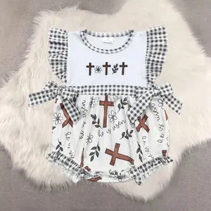 New Clothes Cross Floral Baby Girls Easter Romper with Flutter Sleeves Girls Outfit Spring Clothing