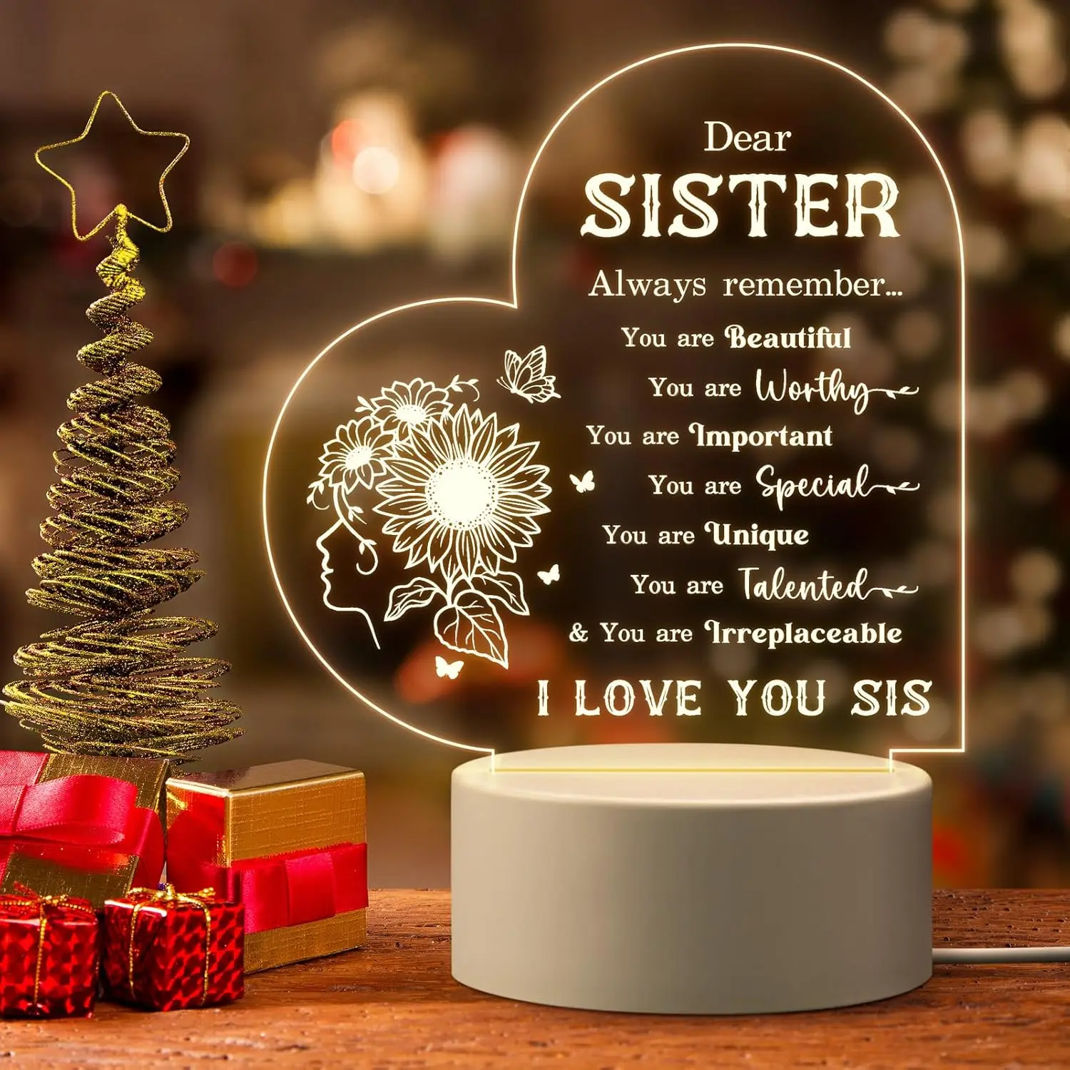 Acrylic engraved LED night light for “Dear Sisters,” paired with the message “We will always love you”; a heartfelt gift for sisters; bedroom home decor lamp; decorative lamp with lighting., Lighted Decorative Lights