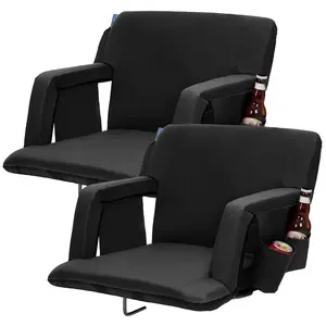 Extra Wide Stadium Seats for Bleachers with Back Support (Set of 2), 6-Position Reclining Padded Stadium Chair with Armrests & Cup Holders, 24.5" Portable Backpack Bleacher Seat for Sports, Concerts & Outdoor, Waterproof, Grey