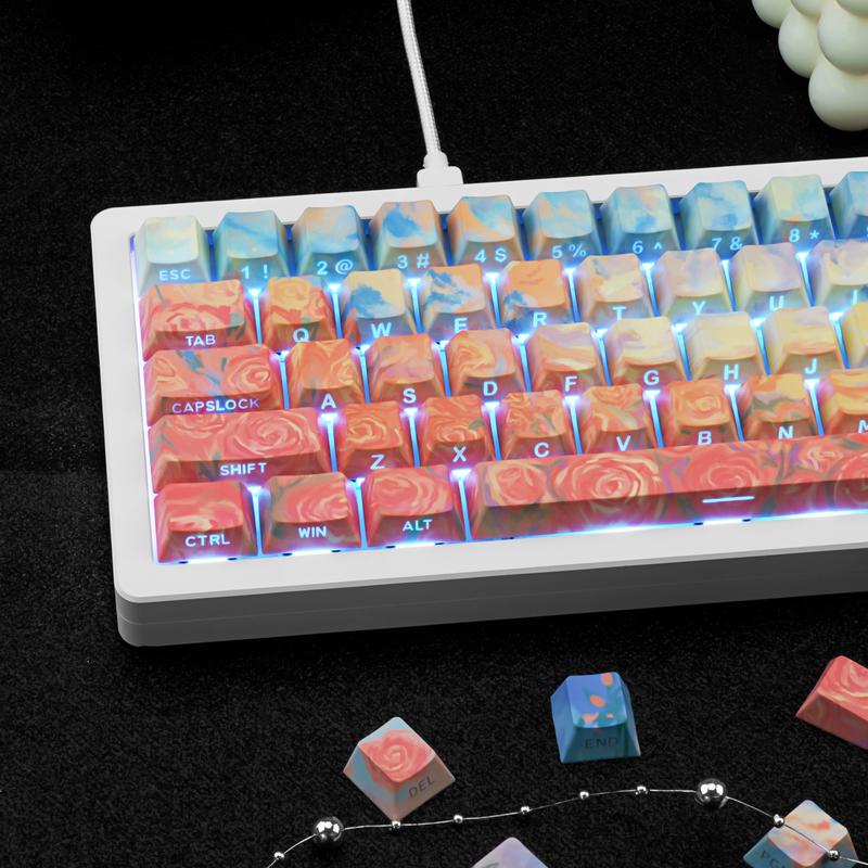 Rose Coast Gradient Oil Painting Style PBT Keycaps Compatible with 61/64/87/104/108 Cherry Switches Side-Engraved Transparent Keycaps Five-Sided Dye-Sublimation Custom Mechanical Keycaps Wear-Resistant Non-Transparent