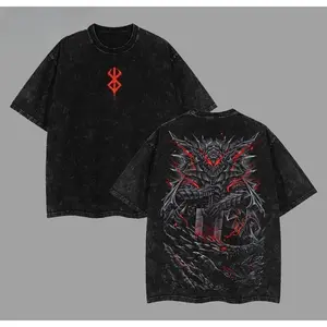 Valentine Shirts Washed T Shirt With Black Swordsman Guts Motif Vintage Berserk Anime Tee Heavyweight Cotton Oversized Manga Shirt Unisex Casual Streetwear Retro Graphic Top Romantic Gift For Anime Fans