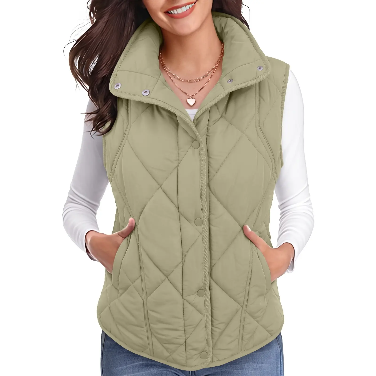 Dokotoo Puffer Vest Women Casual Sleeveless Outerwear Stand Collar Quilted Vest Warm Winter Jackets Coats with Pocket Metal Button