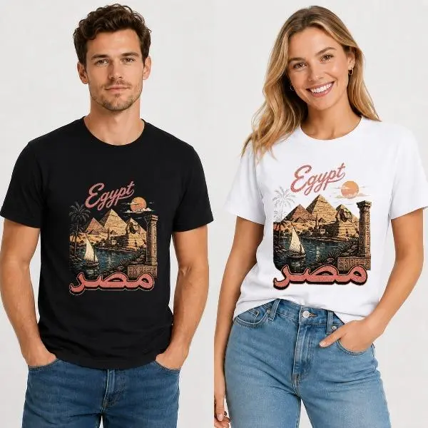 CARPESUN, Vintage Retro Style, T-Shirt, Egypt Pyramids And Arabic Typography Graphic Print, Soft Cotton Fabric, Unisex Casual Wear, Single Piece Pack