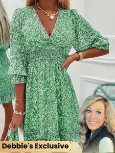 【Debbie Exclusive】 Bohemian Floral Dress, Casual Wear, Long Sleeves Shirred Design Fitted Waist, All-Over Printed Short Summer