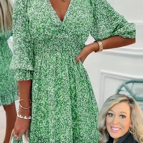 [Debbie Exclusive] Bohemian Boho Floral Dress, Women's Casual Wear, Womenswear, Long Sleeves Shirred Design Fitted Waist, All-Over Printed Short Summer, Boho Styles