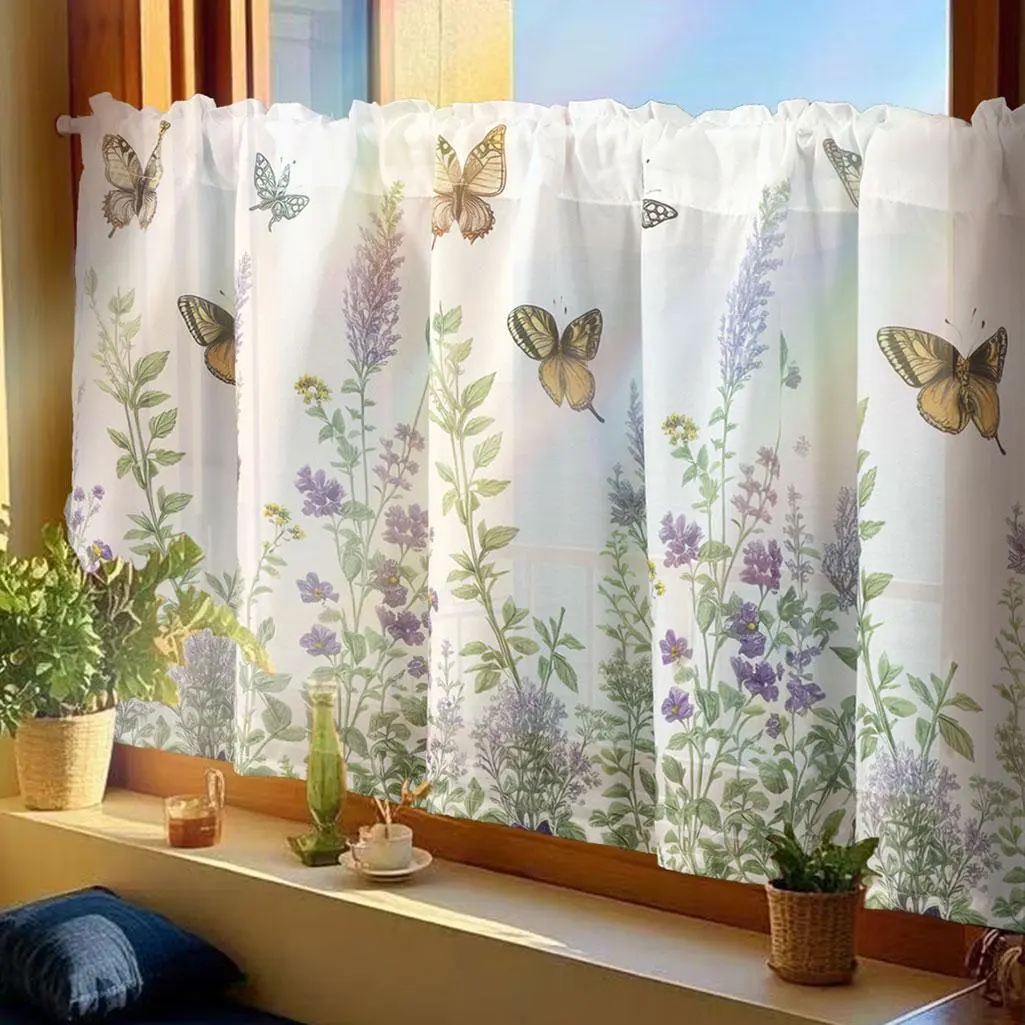 Butterfly & Flower Pattern Curtain, 1 Count Modern Short Curtain, Window Curtain for Home Living Room Bedroom Kitchen, Home Decoration Curtain, Net Curtains Window, Lightweight Curtains, Home Textile