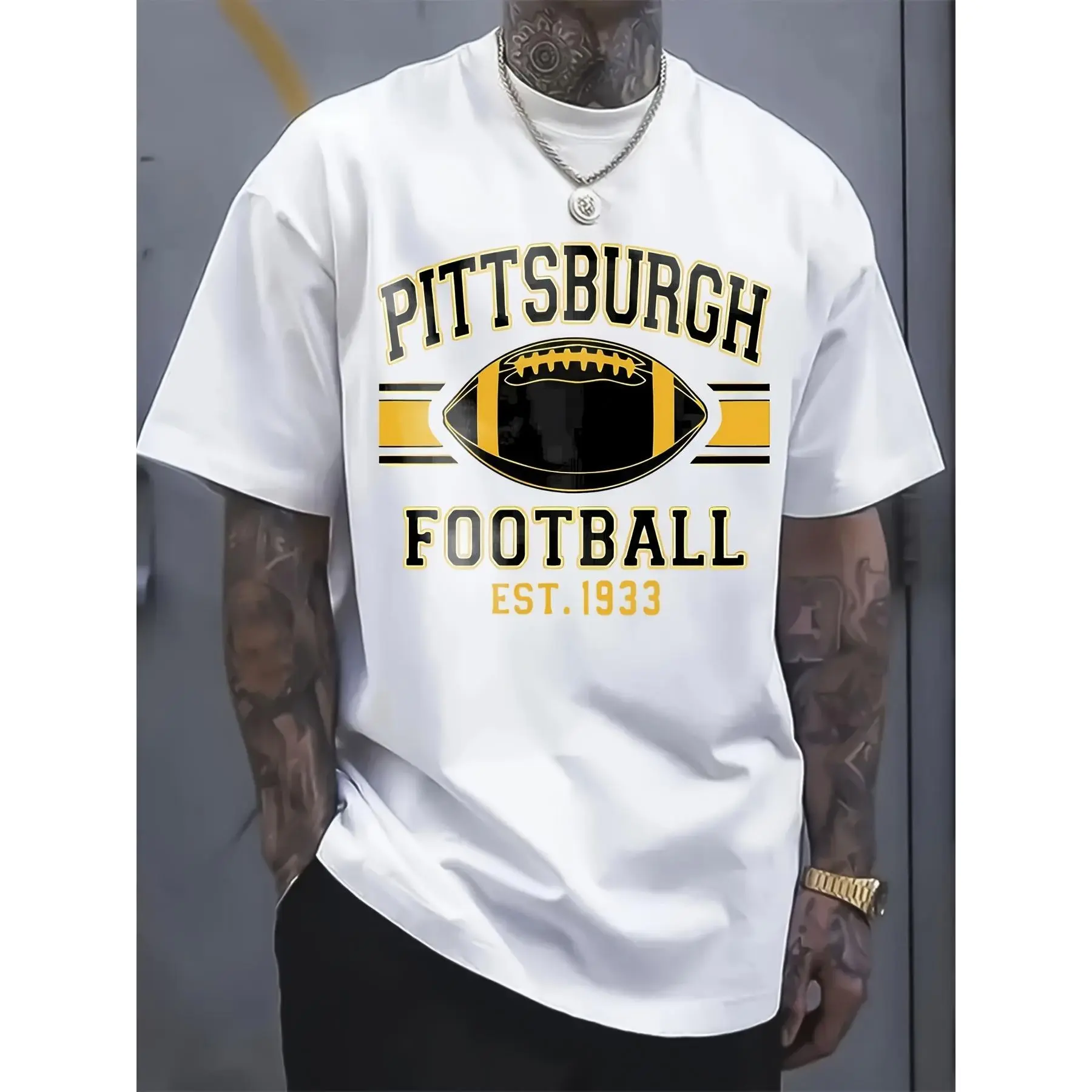 Men's Soft Cotton Graphic T-Shirt, Vintage 1933 Football Streetwear, Smooth Seamless Shortsleeve Crewneck Menswear for Game Day Fan Attire