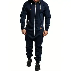 Men's hooded fleece lined jumpsuit, long sleeved full zip jumpsuit with kangaroo bag