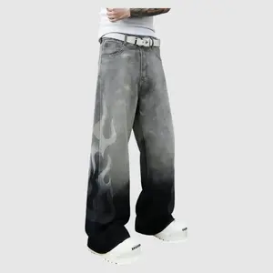 Men's High Cotton Y2K Gradient Flame Wide Leg Jeans, Retro Gray-to-Black Denim Pants with Fire Print & Ombre Wash, Grunge Streetwear Casual Trousers for Men