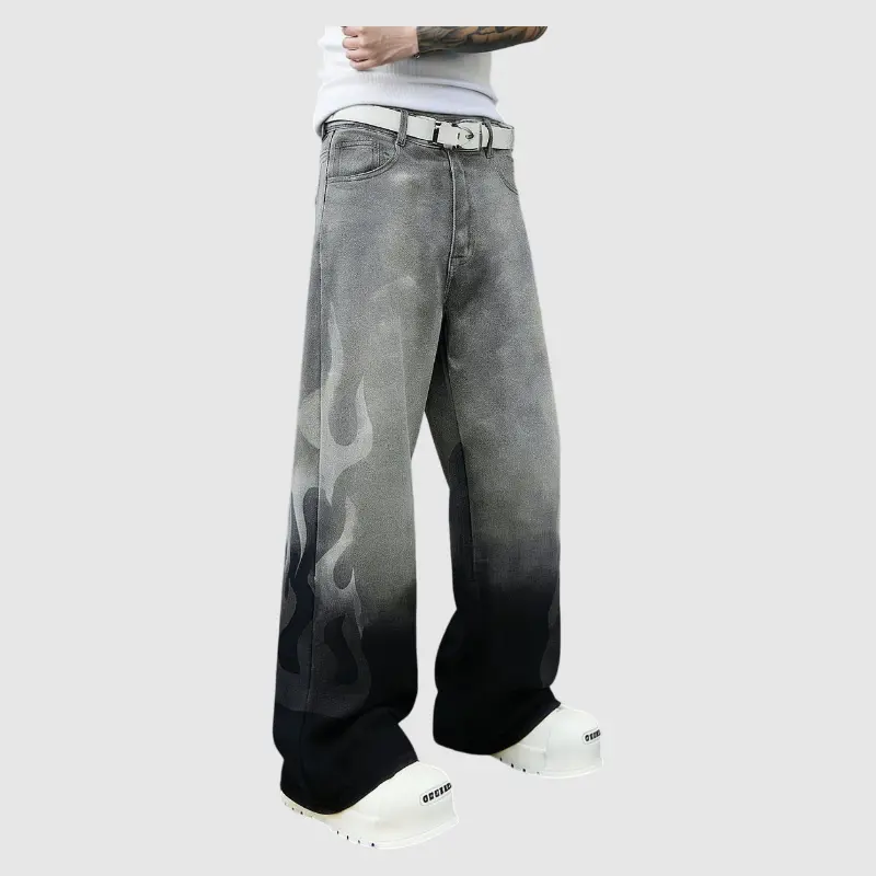Men's High Cotton Y2K Gradient Flame Wide Leg Jeans, Retro Gray-to-Black Denim Pants with Fire Print & Ombre Wash, Grunge Streetwear Casual Trousers for Men
