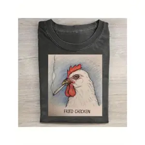 Fried Chicken Smoking Rooster Graphic T Shirt Men Funny Vintage Washed Tee Streetwear Casual Crewneck Short Sleeve Summer Outfit