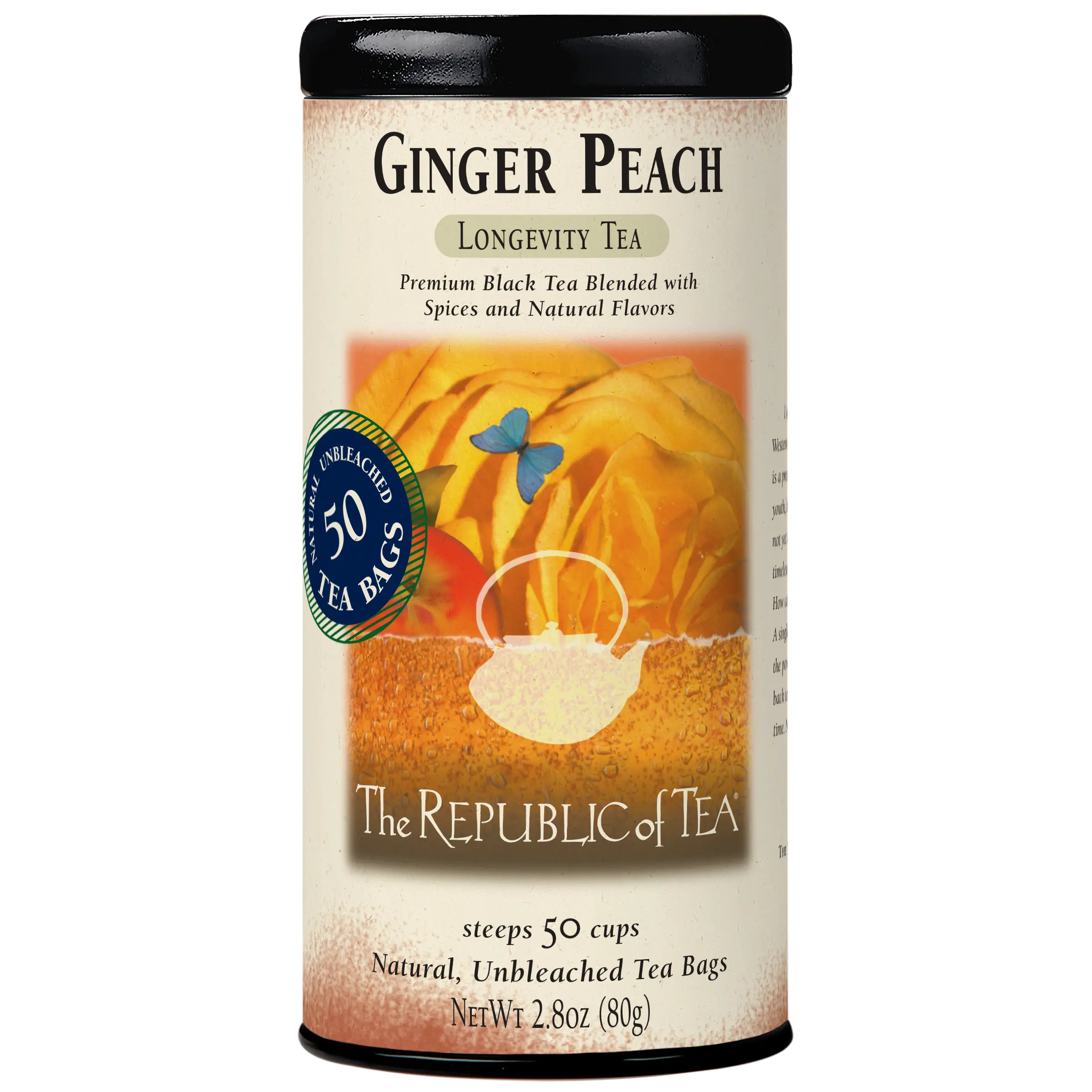 The Republic of Tea Ginger Peach Black Tea, Caffeinated, 50 Count Wellness Tea Beverage