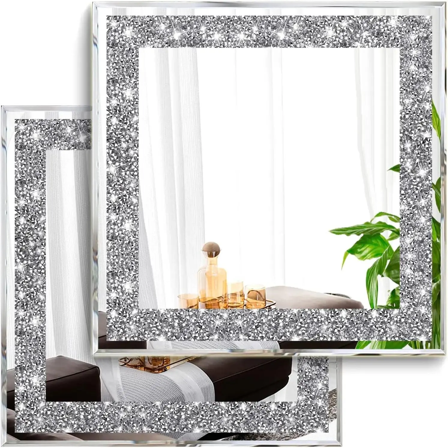 Silver Crush Diamond Glass Square Wall Mirrors - 2-Mirror Set (12"x12") for Living Room, Bedroom, Room Decor, Hanging with H/V/Chain