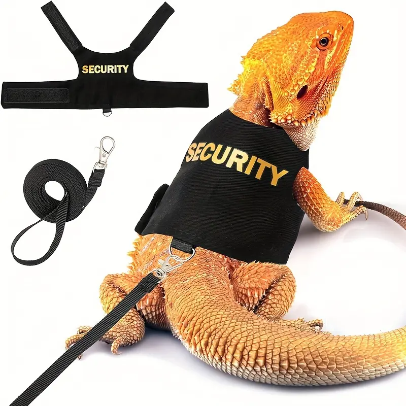 Solid Black Adjustable Reptile Harness with Vest & Leash - Comfort Fit for Bearded Dragons, Secure Chest Strap, Reflective Safety Design, Hand Wash Only, 1Pc Small Lizard Pet Supply