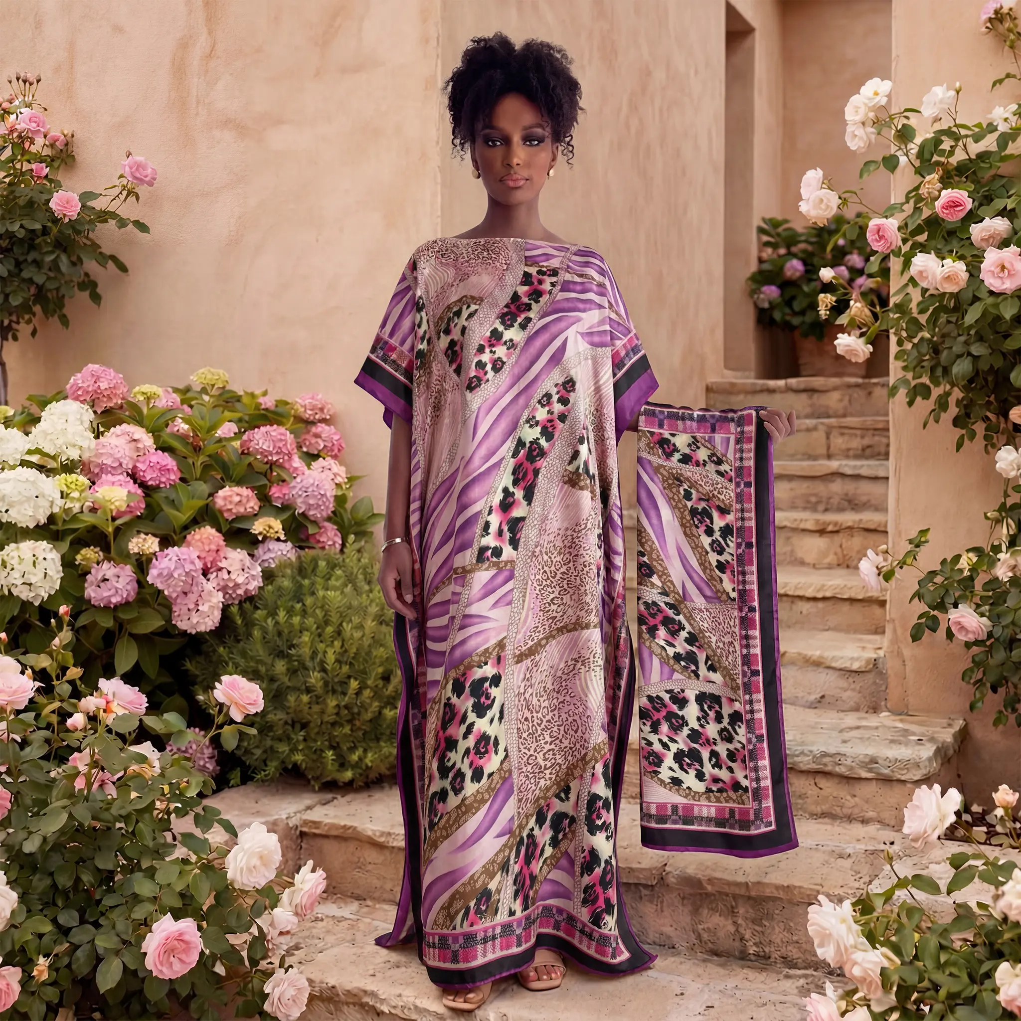 Women's 2 Piece Kaftan Set in Glossy Satin, Bohemian Leopard Print Maxi Dress with Hijab and Side Slits for Party, Ceremony & Anniversary, Women's Fashion, Boat Neck, Short Sleeve, Party Wear, Modest, All Seasons, For Muslim, Islamic Clothing Set