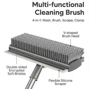 3 in 1 Heavy Duty Floor Scrub Brush with Long Handle, Broom and Scraper Multipurpose Cleaning Tool for Shower, Deck, Patio and Household