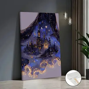 2D canvas art, a beautiful 2D canvas piece of art, named "Starry Sky Castle Dress," made with oil paints, suitable as a poster or wall decoration, perfect for the living room, with a solid wood frame