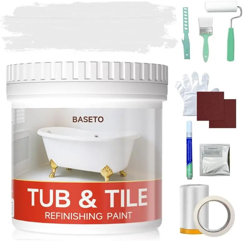 Tub Paint, Tub and Tile Refinishing Kit 16oz with Tools, Tile Refinishing Kit White Bathtub Paint Water Based &Low Odor, Easy to Use Sink for Bathroom Kitchen, Semi-Gloss White