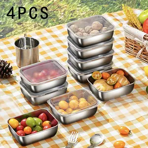 Stainless Steel Food Storage Container with Lid, 4 Counts/set Food Storage Box, Food Container for Lunch, Picnic, Outdoor Camping, Camping Supplies