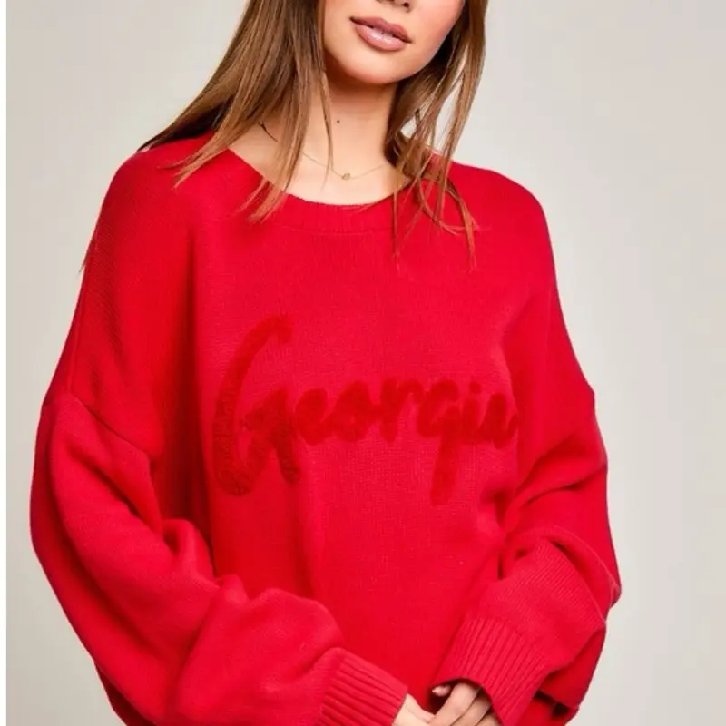 Georgia Knit Sweater - Red Oversized Sweater with "Georgia" Embroidery for Women