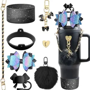 Stanley Cup Decorative Straw Cap Cup Sleeve Cup Chain Colorful Flower Keychain Plush Ball Pendant Set