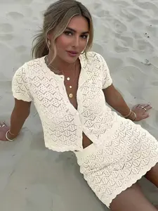 Women's Summer Crochet Mesh Hollow Out Beach Short Sleeve Knit Cardigan & Shorts Set, Sexy Slim Fit Clubwear Two-Piece Suit