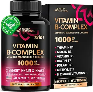 Vitamin B Complex for Men & Women - Made in USA - B-Complex: B1, B2, B3, B5, B6, B7, B8, B9, B12 with Vitamin C, Choline, Inositol - Energy, Brain & Heart Support Supplement, 60 Vegan Capsules