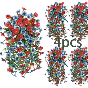 Outdoor decorative flower replicas, 4-piece artificial fake flowers, suitable for spring and summer, for decoration. Red and blue two-color realistic plants, genuine silk flowers resistant to UV rays and not prone to fading. Suitable for porches, courtyar
