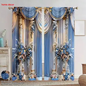 Luxurious French Court Dream Curtain Set, Light Blue Gold Carving Roman Column Floral Decor, High Sunshade Polyester Fabric