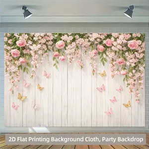 2D Flat Printing Backdrop Banner , Flowers with Butterflies Fluttering Background Cloth Party Banner, Durable Photography Backdrop for Indoor & Outdoor Events, Birthdays, and Celebrations, No Power Needed