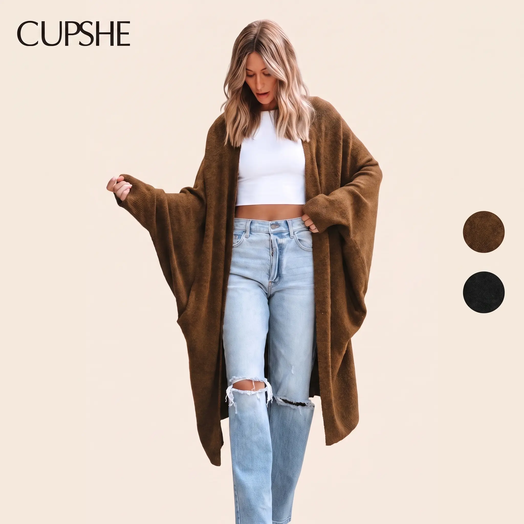 CUPSHE Women's Loose-Fitting Knitting Longline Cardigan - Open Front Nylon Duster Sweater with Dolman Sleeves, 78% Viscose Lightweight Layering Top, Casual Fall Travel Wear, Machine Washable#tiktokshopbacktoschool, Cardigan For Women