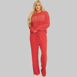 Dear-Lover Women's 2-Piece Ribbed Knit Pj Sets for Women - Longsleeves Top, Pocket Pants, Soft Comfortable Loungewear with JOLLY & Merry Letters for Christmas, Everyday Homewear