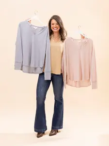 Women's Notch Crew Neck Banded Knit Top, Peach Love, S-L Sizes