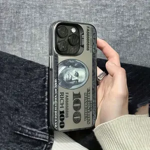 100 Dollar Bill Print Clear Phone Case, Rich Hustle Money Aesthetic Shockproof Cover for iPhone 17/16/15/14/13 Pro Max Plus, Hype Streetwear Protective Case