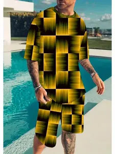 Gradient Square Block Graphic 3D Digital Print Tee and Short Pants Set, Casual Fitted Crop Top and Track Shorts