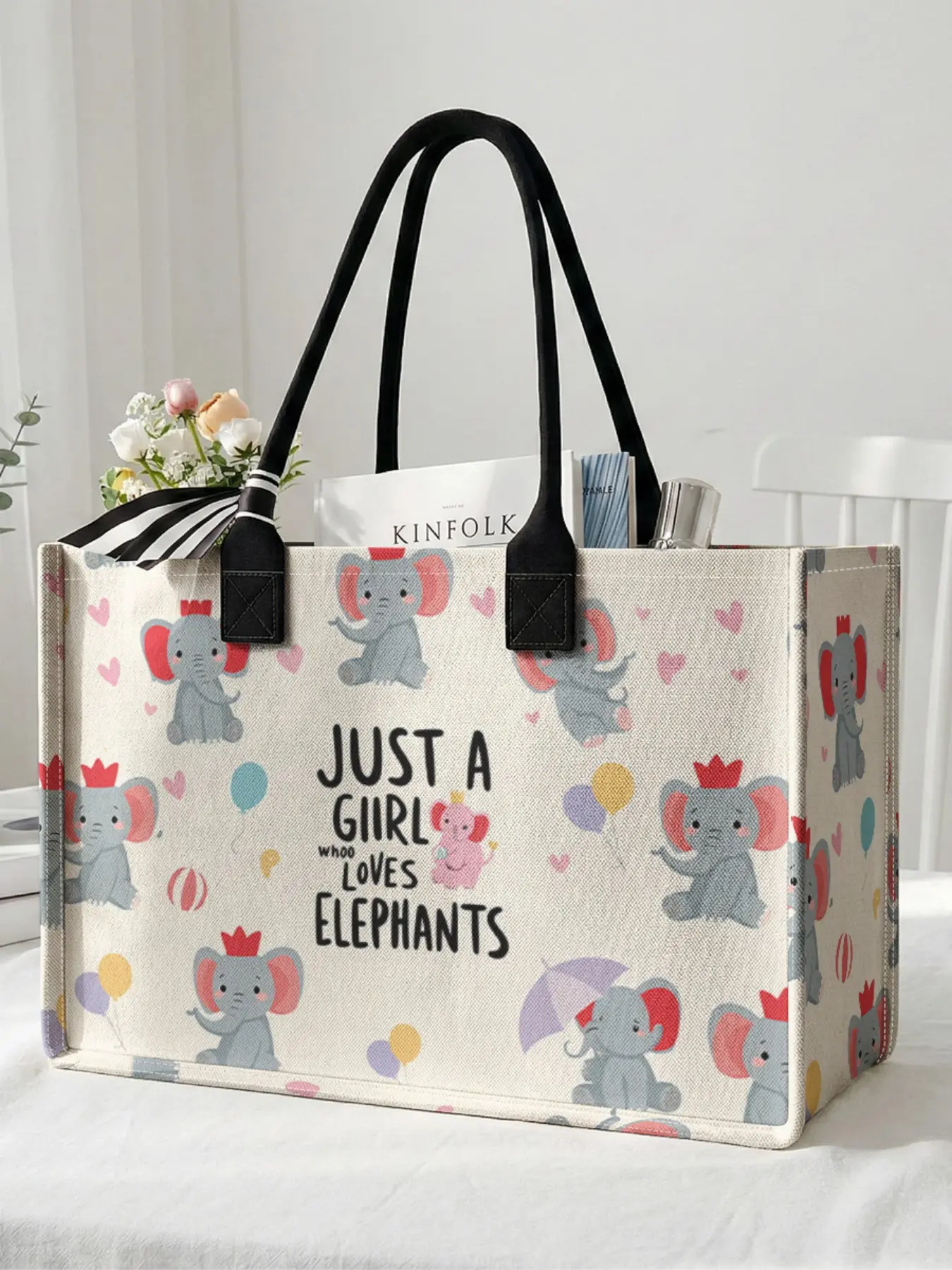 1 piece of elephant pattern + 'Love Elephant Girl' 2D printed large capacity storage bag, Lightweight, Durable tote bag, sturdy handle, space-saving multi-purpose, suitable for use at school, on business trips, and shopping