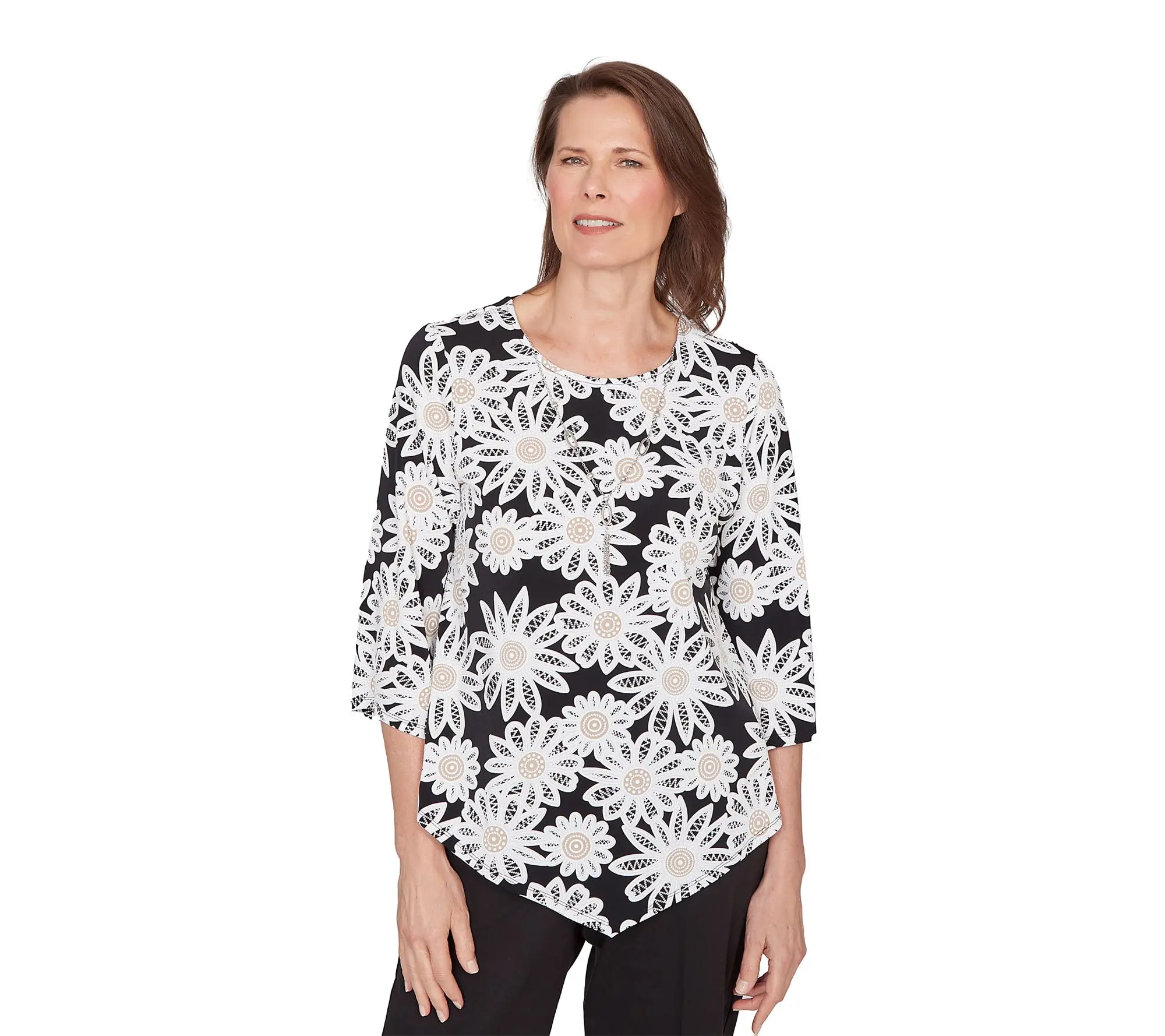 Alfred Dunner Petite Daisy Pointed Hem Top with Necklace