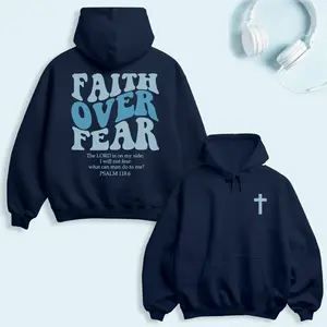 Faith Over Fear Hoodie, Psalm 118:6 Bible Verse Christian Sweatshirt, Blue Faith Typography Graphic Pullover, Unisex Cozy Religious Streetwear