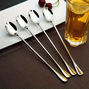 Stainless Steel Long-handled Spoon Ice Scoop, Mixing Spoon, Dessert Ice Cream Scoop, Durable Cocktail Mixing Spoon, Suitable for Home, Kitchen, Cafe, Bar, Mirror Polishing Utensils Modern
