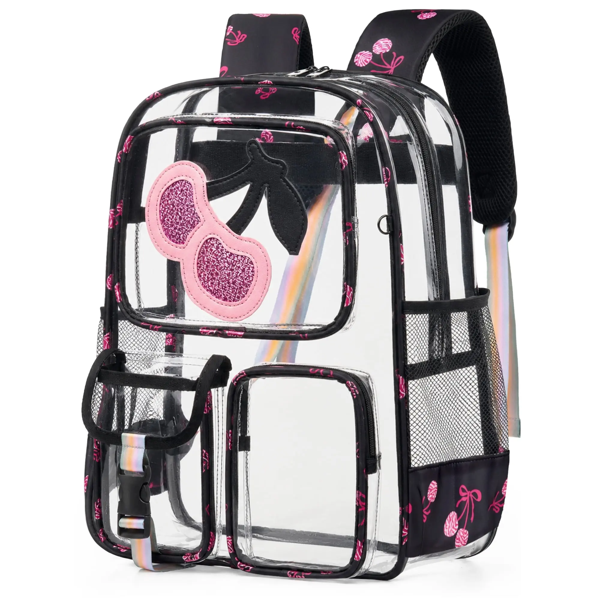 Clear Backpack Cherry Heavy Duty Transparent Bookbag Teen Girlish Cute Bag Large Capacity See Through Backpacks Stadium Approved Daypack for Middle School College Sport/Travel