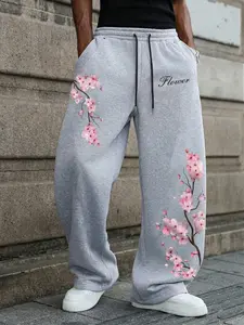 "Flower" Cherry Blossom Graphic Oversized Sweatpants | Unisex Wide Leg Streetwear Pants | Elastic Drawstring Loose Fit Casual Bottoms for Daily Wear, Street Style, Yoga & Summer Outings, Trendy Y2K Fashion for Men & Women