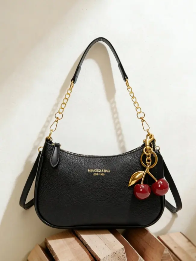 Women's Retro Cherry Pendant Purse Shoulder Bag - Minimalist Design, Zipper Closure, Women's Accessories, Crossbody Handbag, Daily Use Home Organizer Storage Bag, Accessories For Women