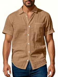 Men's Linen Short Sleeve Button-Up Shirt, Casual Loose Fit with Pockets, Lightweight Summer Top, Beachwear, Comfortable and Stylish
