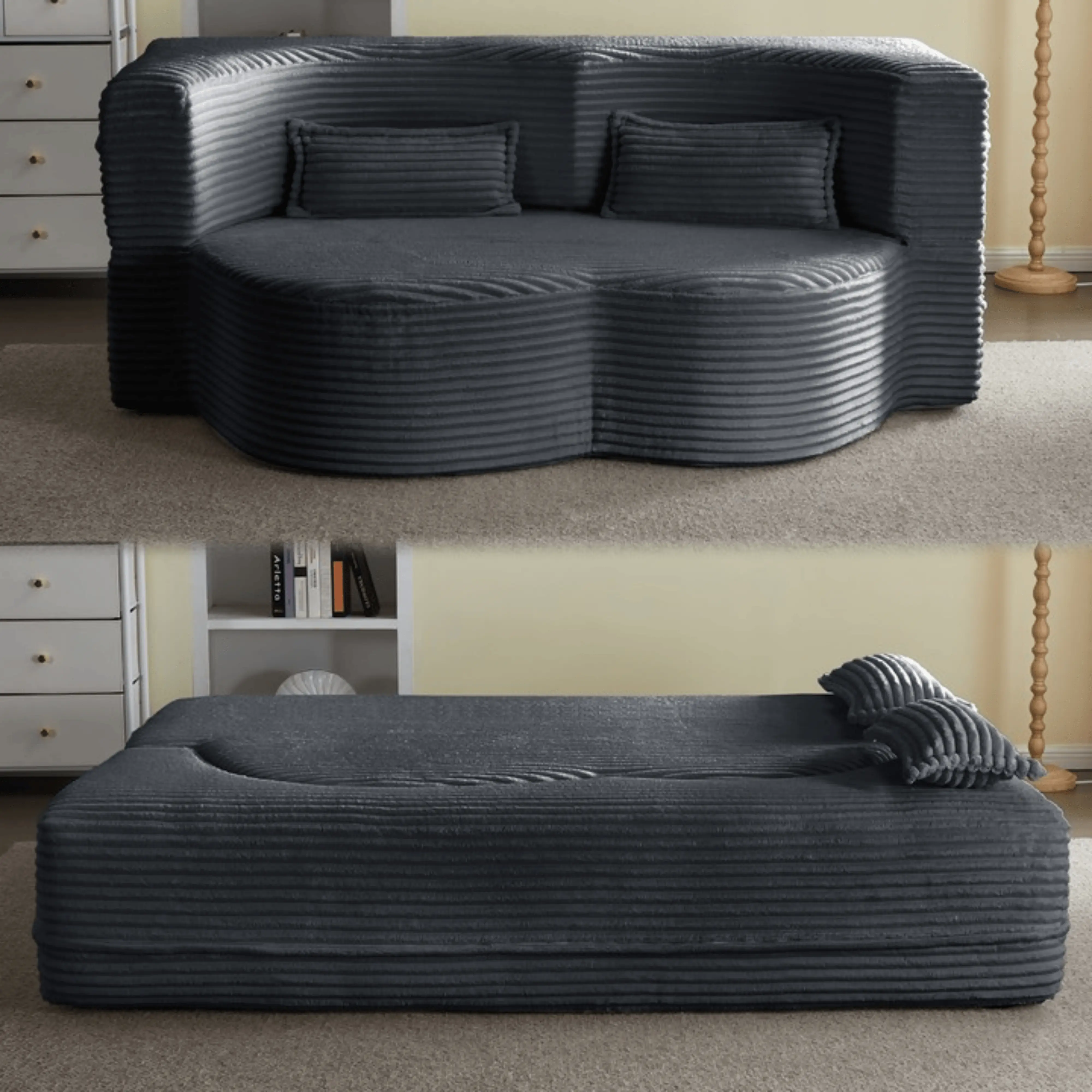 Bellemave Classic 15in Soft Corduroy U-Shaped Boneless Sectional Couch - U Shaped Sofas, Foam-Filled Sleeper with 2 Plush Cushions, Full-Size Folding Mattress, No-Assembly Indoor Living Room Furniture