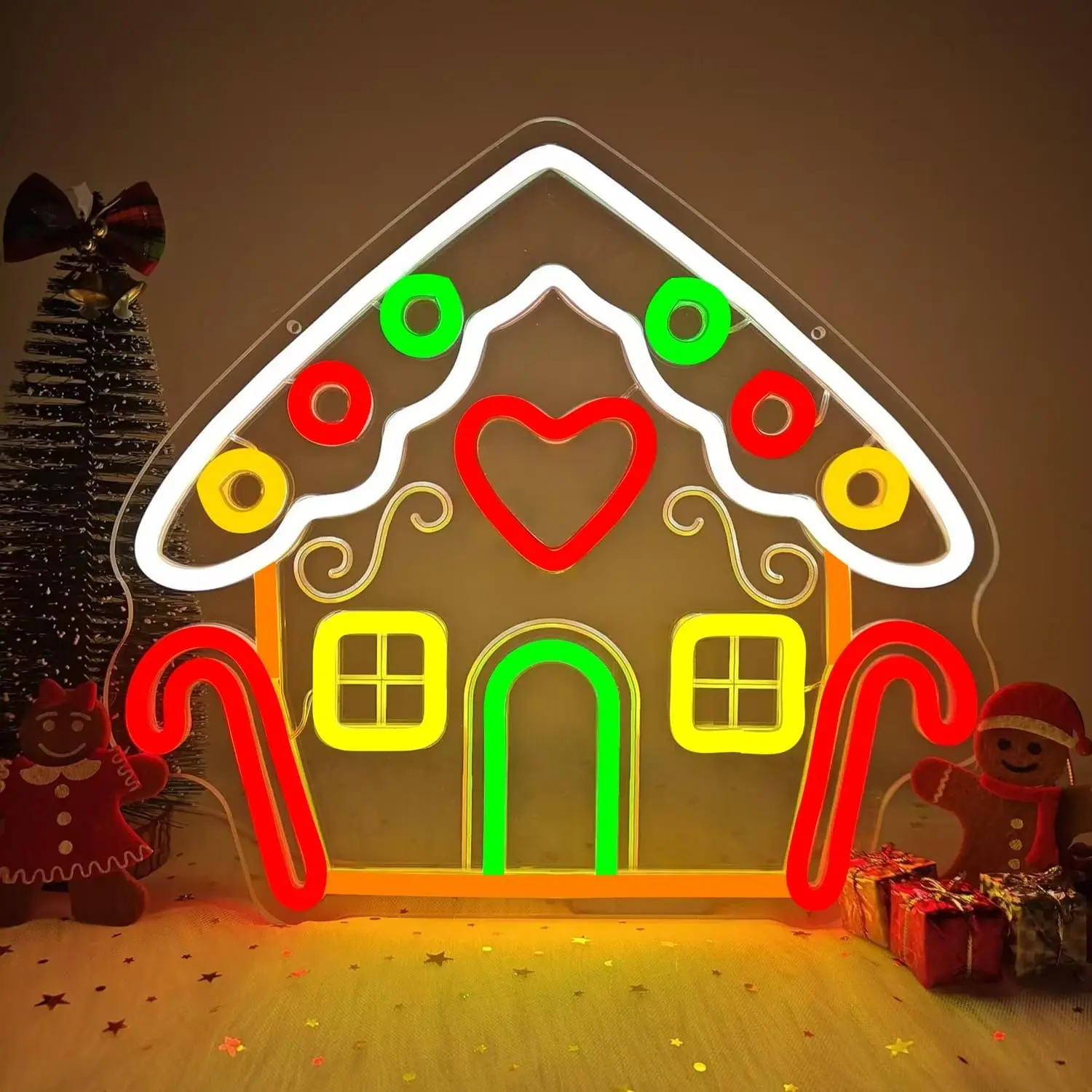 Gingerbread House Neon Light, Christmas Cartoon Design LED Lamp, Adjustable Brightness, Wall Mountable, USB Powered, Perfect Holiday Decor Gift